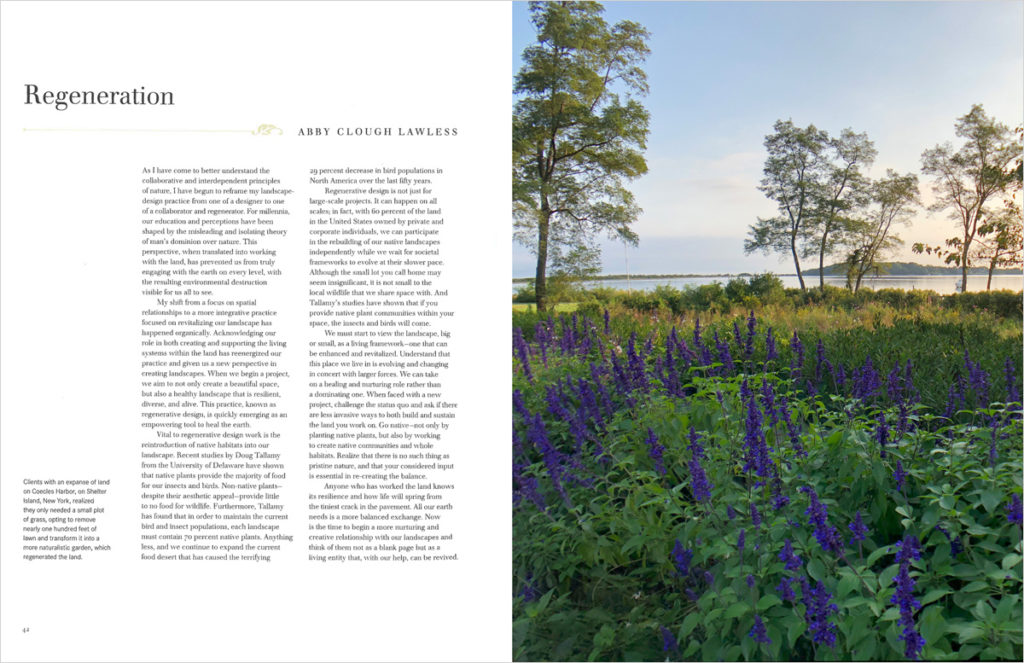 Open book. Text on the left page and one image of purple wild flowers on the right page.