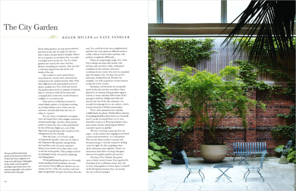 Open book. Text on the left page and one image of landscaped patio with red brick wall on the right page.